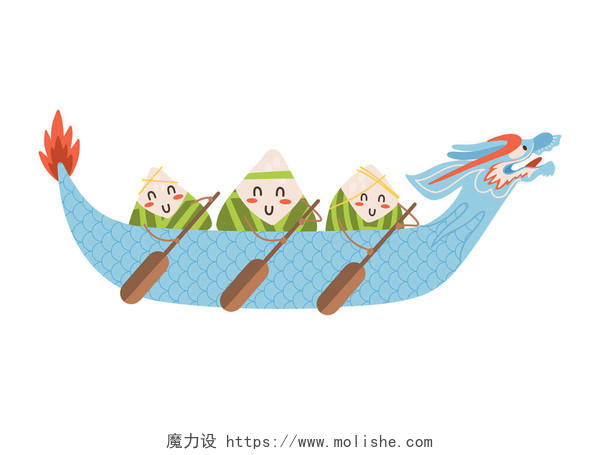 端午节粽子手中拿着桨坐著漂亮的蓝色小船白色背景上平面矢量图解端午节